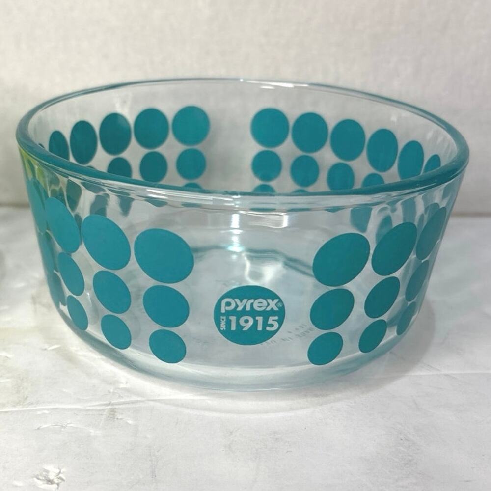 PYREX 100TH ANNIVERSARY 1915 LIME AND AQUA DOT GLASS STORAGE BOWLS-Set of 2 - Picture 3 of 9